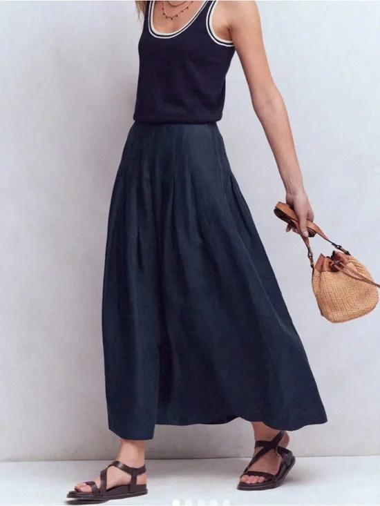 Linen Maxi Skirt - navy blue 100% linen w/fringe tie detail - Picture 1 of 11